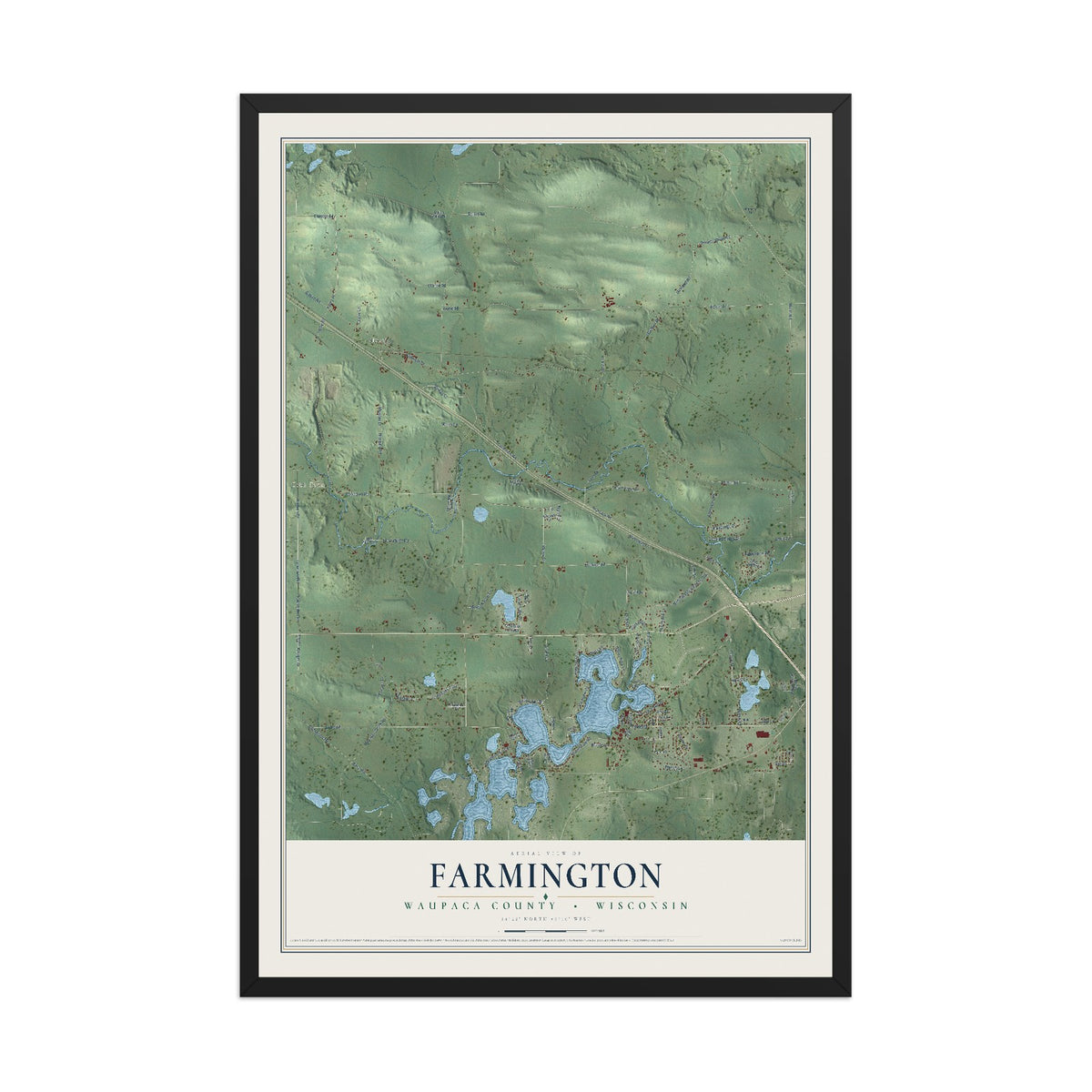 Map of Farmington, Waupaca County, Wisconsin, 12 x 18 inch print in a black wood frame