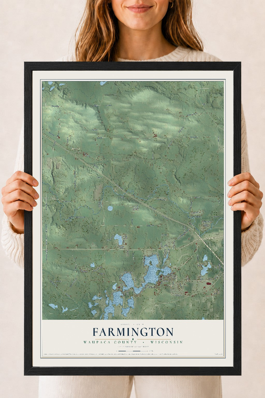 Map of Farmington, Waupaca County, Wisconsin, 18 x 24 inch print in a black wood frame
