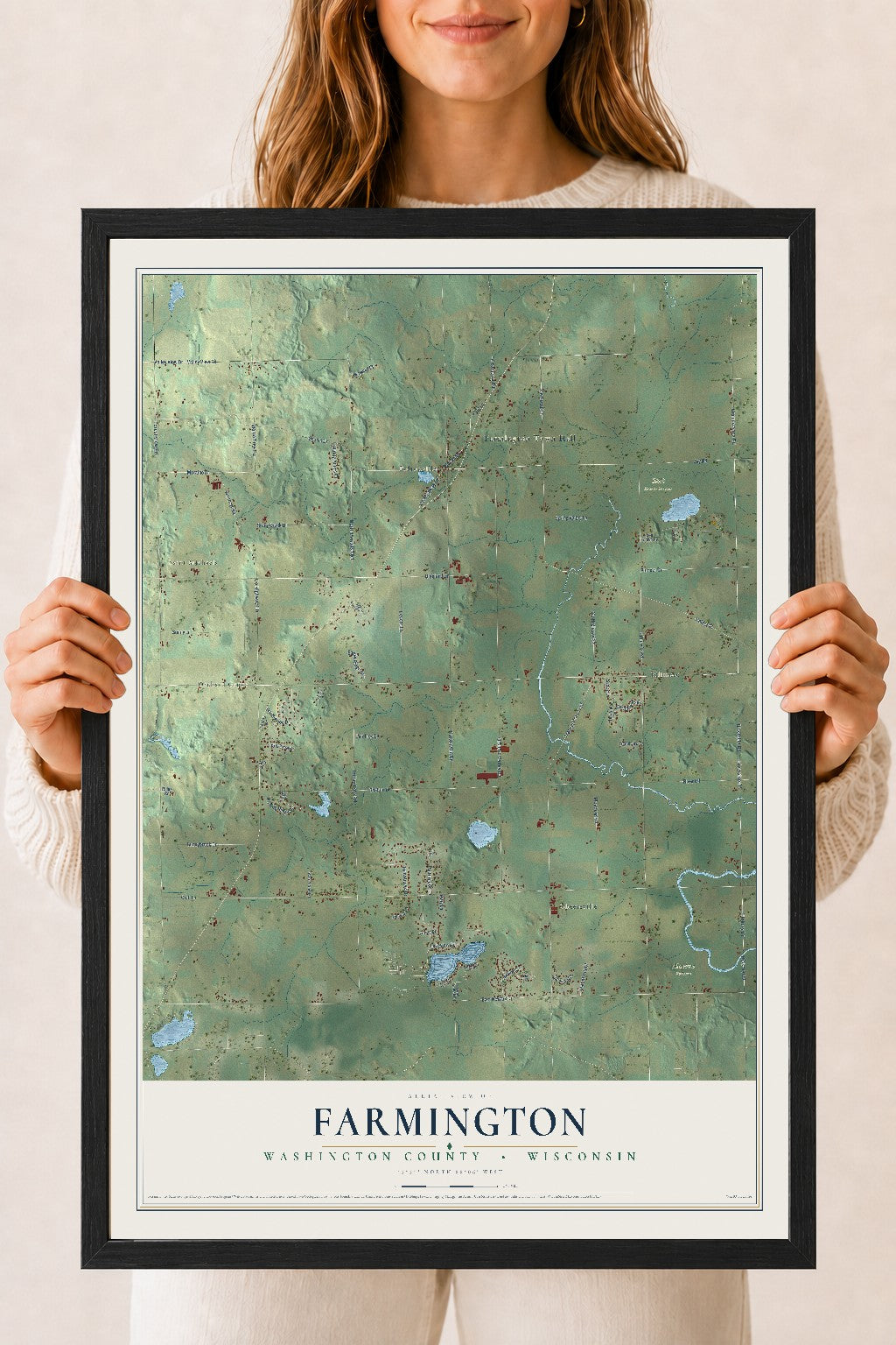 Map of Farmington, Washington County, Wisconsin, 18 x 24 inch print in a black wood frame