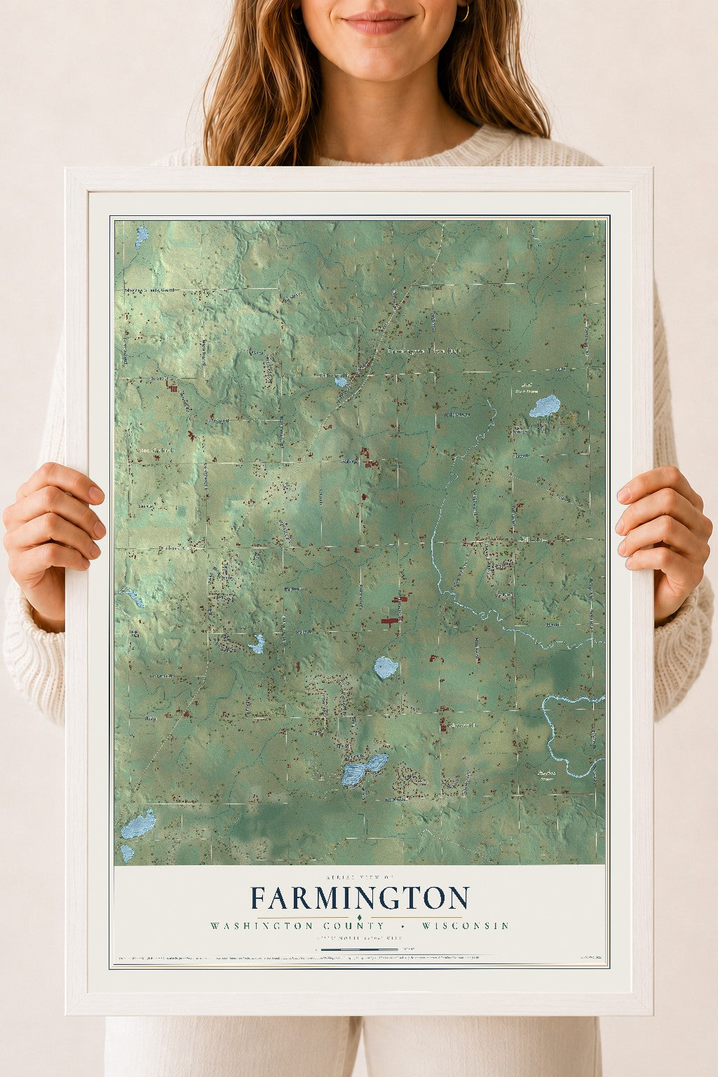 Map of Farmington, Washington County, Wisconsin, 18 x 24 inch print in a white wood frame