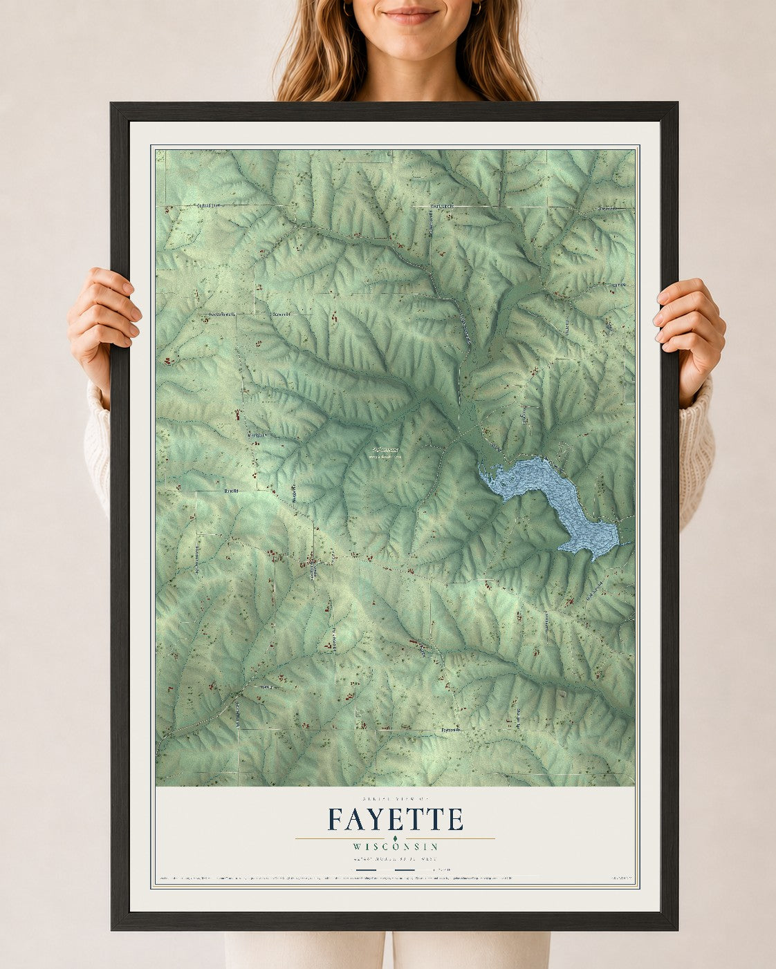 Map of Fayette, Wisconsin, 24 x 36 inch print in a black wood frame