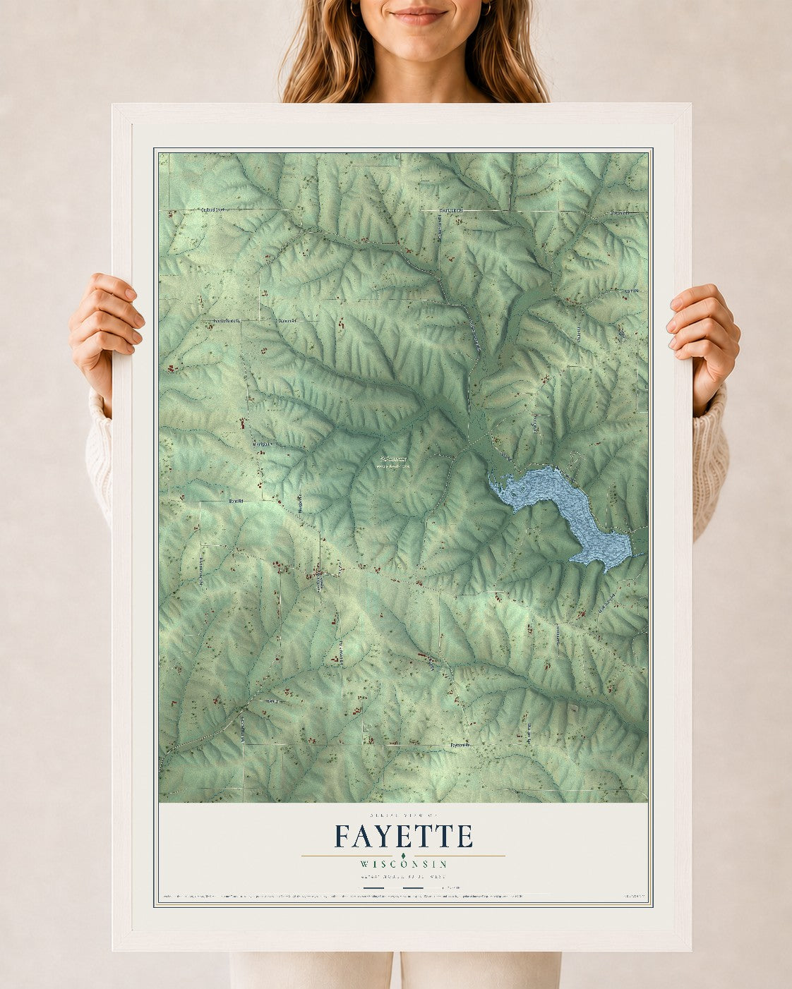Map of Fayette, Wisconsin, 24 x 36 inch print in a white wood frame