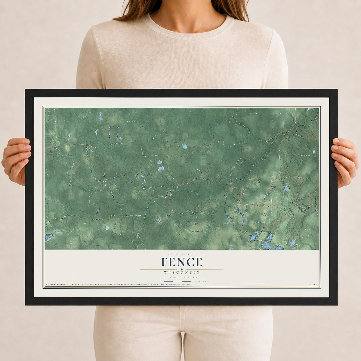 Map of Fence, Wisconsin, 12 x 18 inch print in a black wood frame