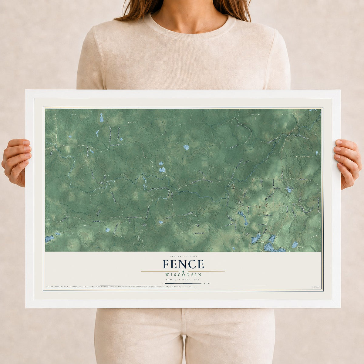 Map of Fence, Wisconsin, 12 x 18 inch print in a white wood frame