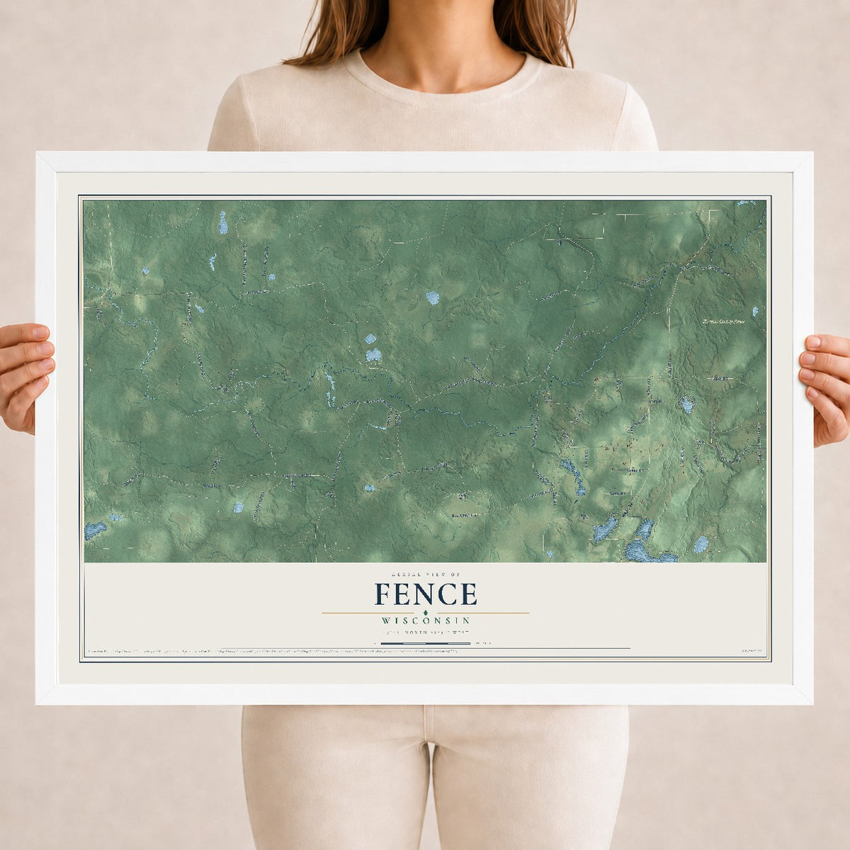 Map of Fence, Wisconsin, 18 x 24 inch print in a white wood frame