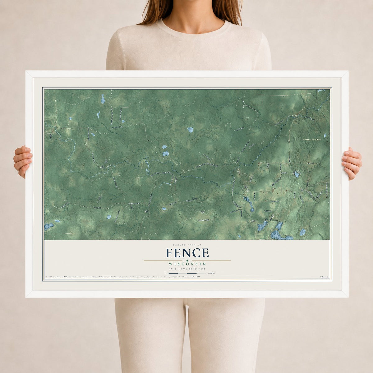 Map of Fence, Wisconsin, 24 x 36 inch print in a white wood frame