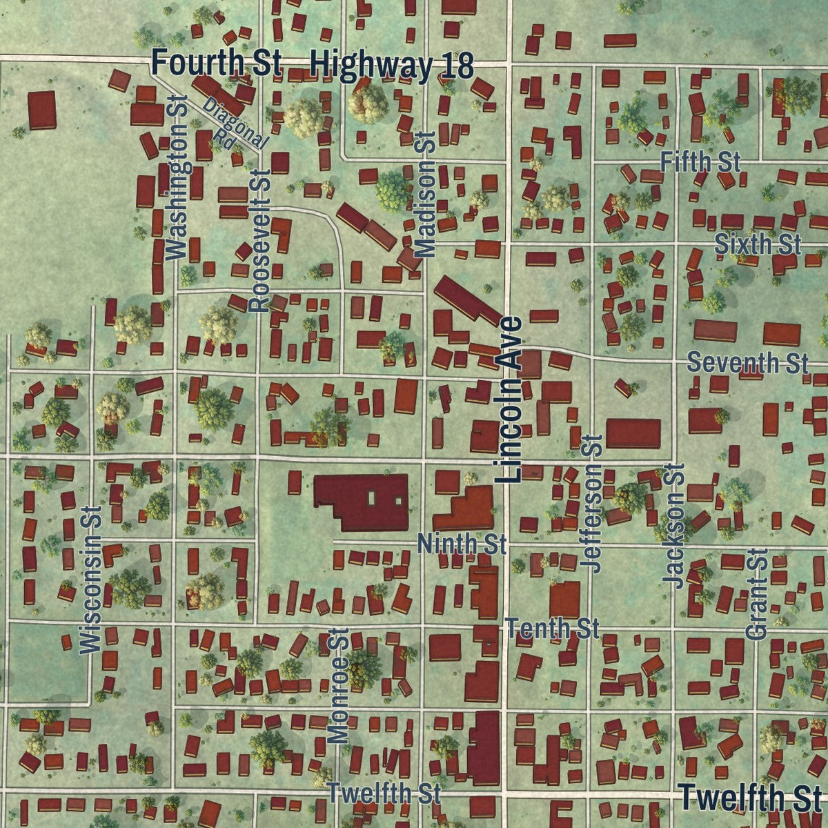 Close-up of the map of Fennimore, Wisconsin print showing street and building detail