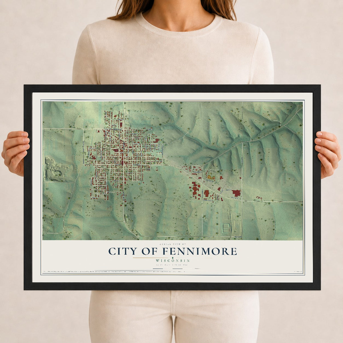 Map of Fennimore, Wisconsin, 12 x 18 inch print in a black wood frame