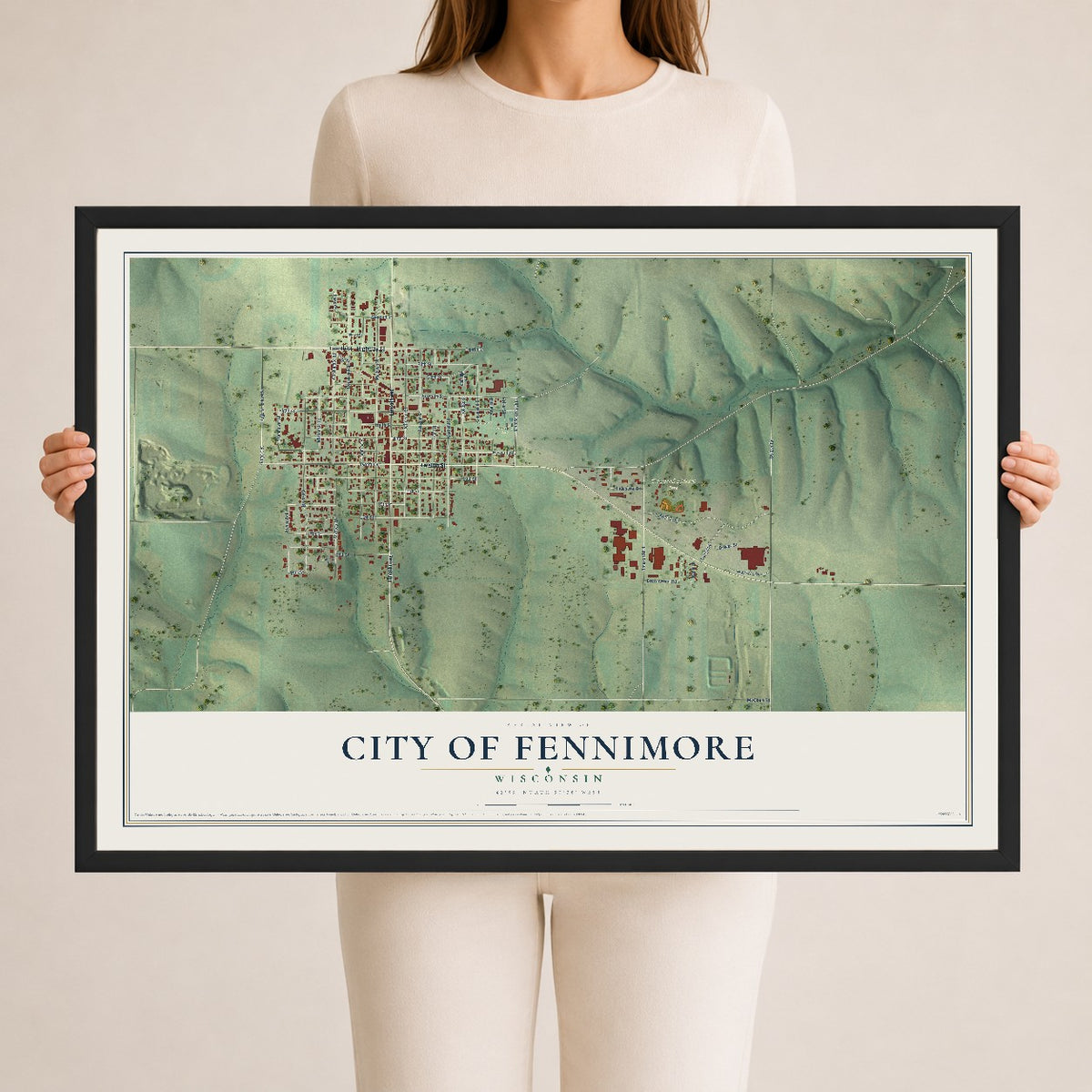 Map of Fennimore, Wisconsin, 24 x 36 inch print in a black wood frame