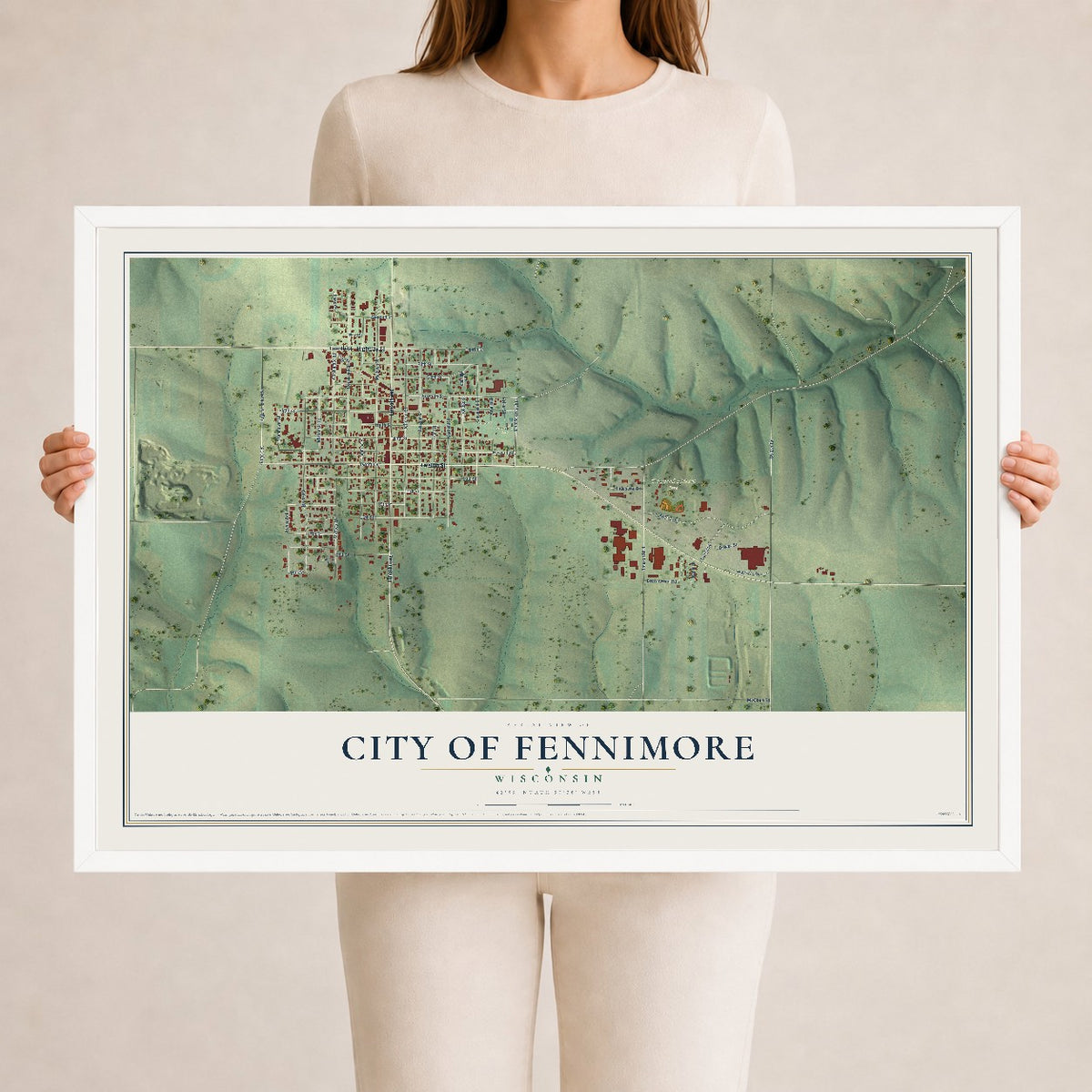 Map of Fennimore, Wisconsin, 24 x 36 inch print in a white wood frame