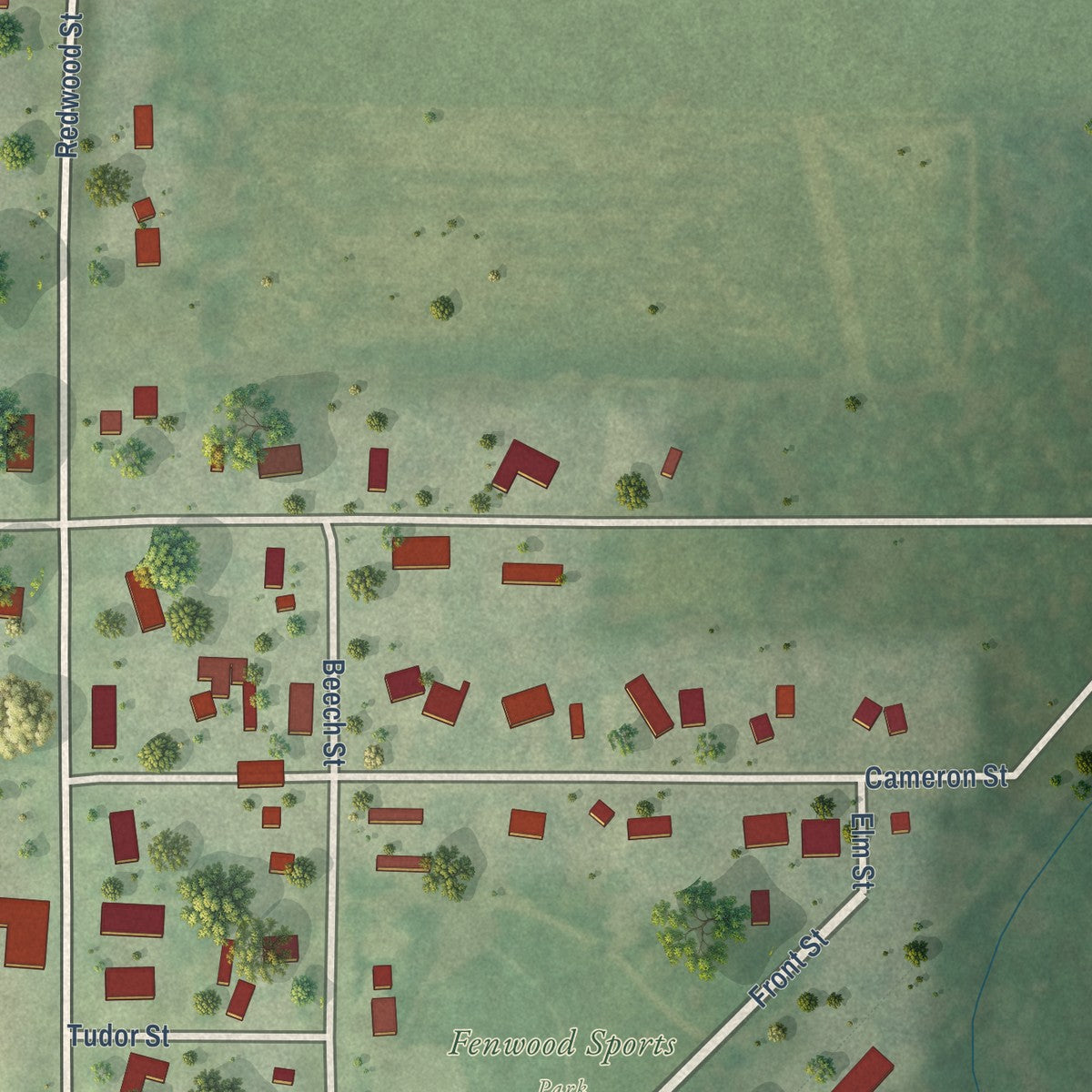 Close-up of the map of Fenwood, Wisconsin print showing street and building detail