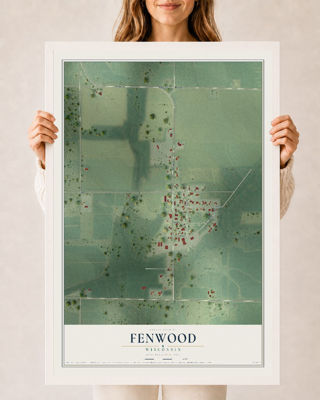 Map of Fenwood, Wisconsin, 24 x 36 inch print in a white wood frame