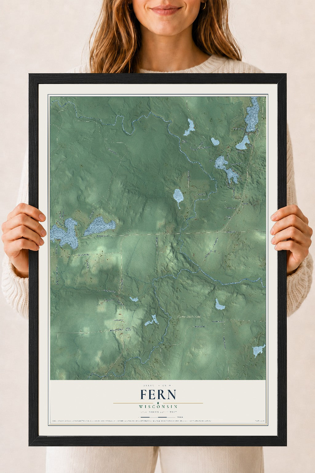 Map of Fern, Wisconsin, 18 x 24 inch print in a black wood frame