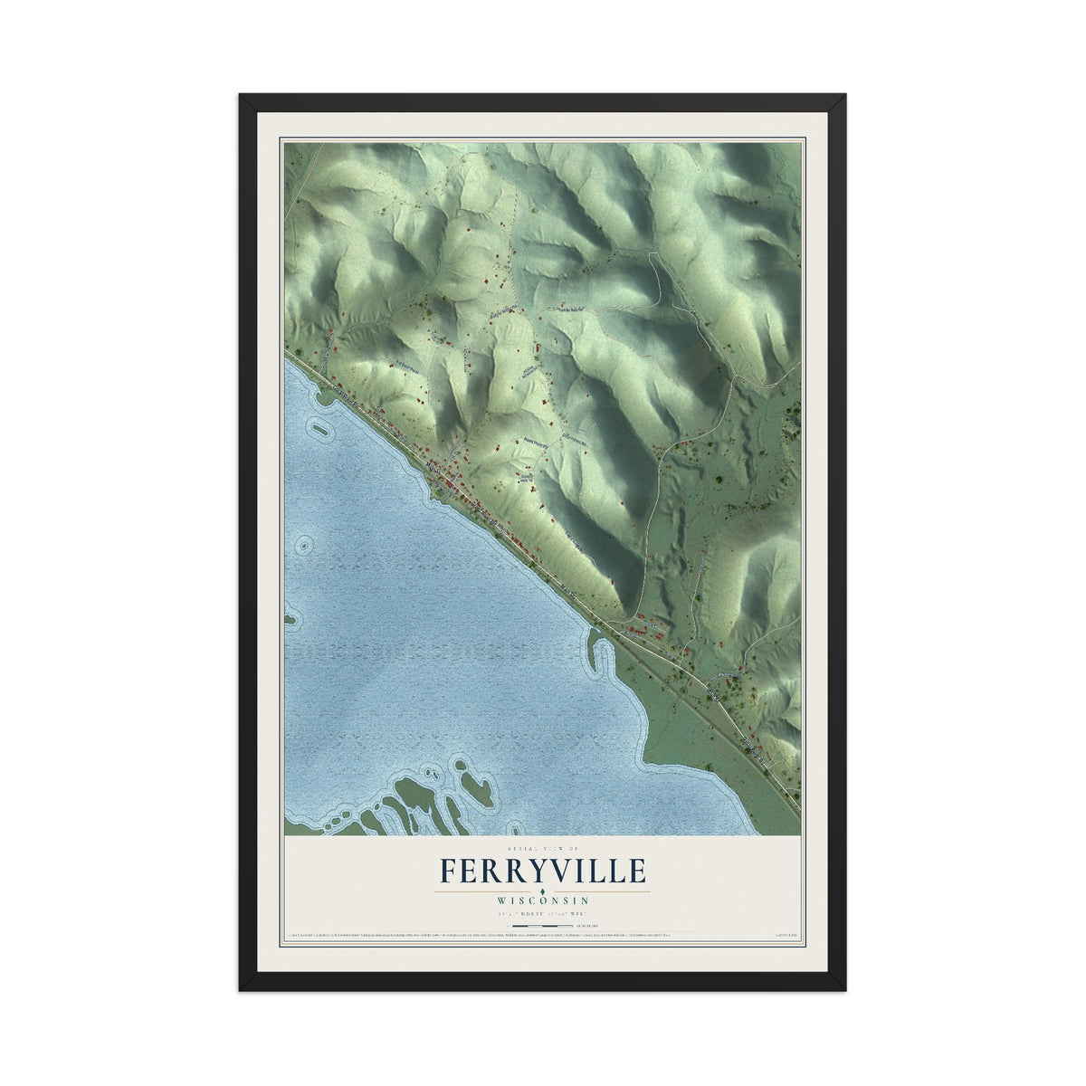 Map of Ferryville, Wisconsin, 12 x 18 inch print in a black wood frame