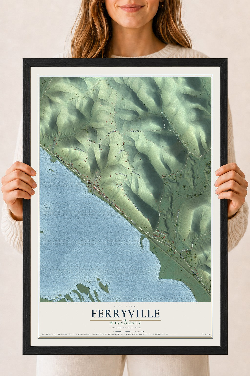 Map of Ferryville, Wisconsin, 18 x 24 inch print in a black wood frame