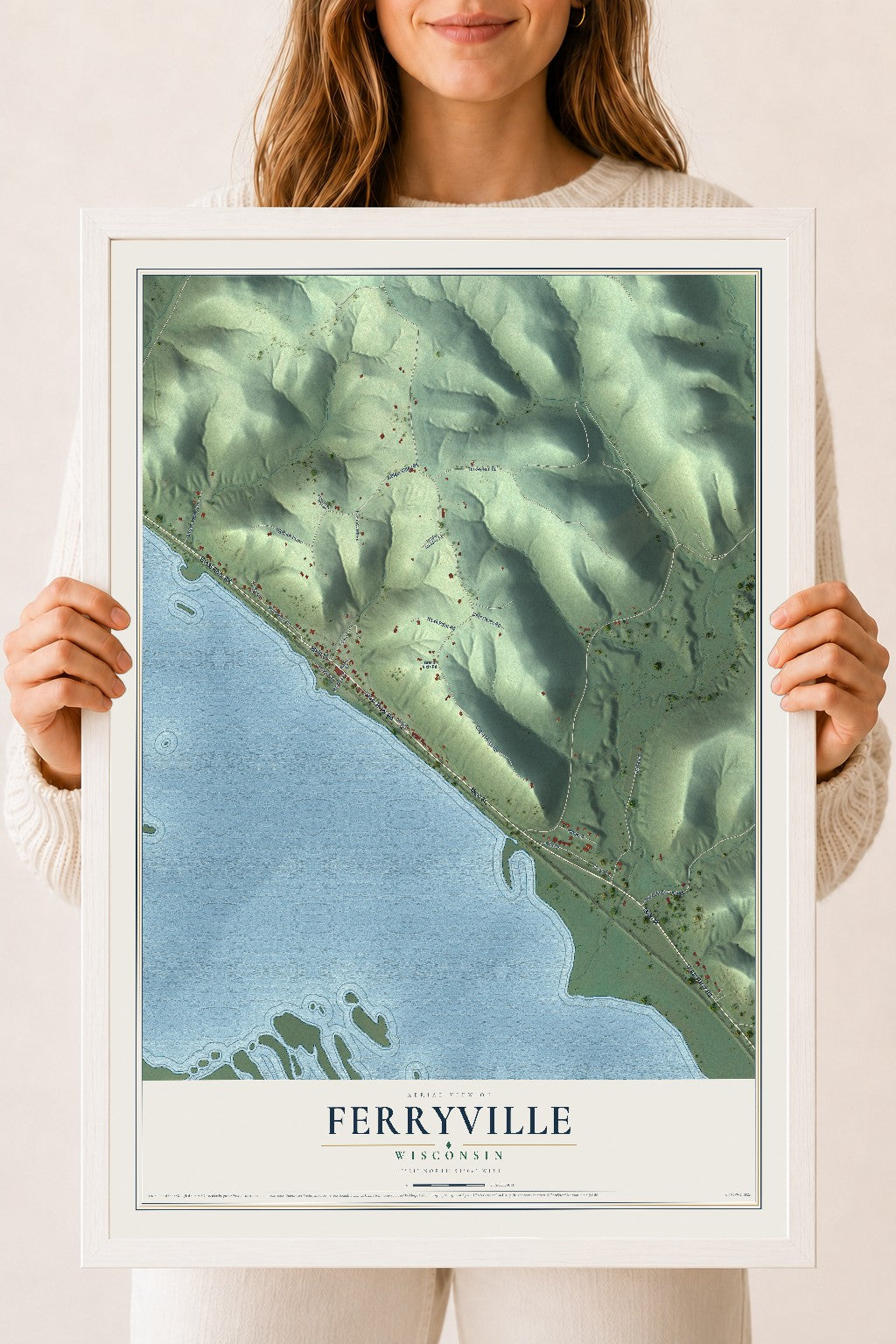 Map of Ferryville, Wisconsin, 18 x 24 inch print in a white wood frame