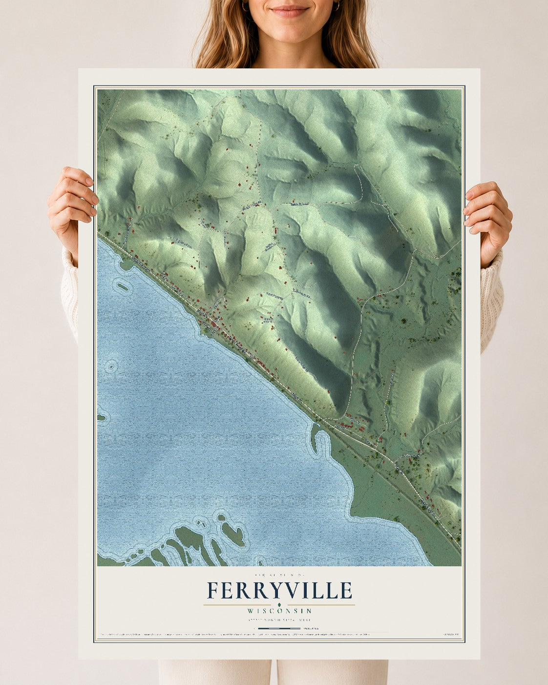 Map of Ferryville, Wisconsin, 24 x 36 inch unframed archival matte print