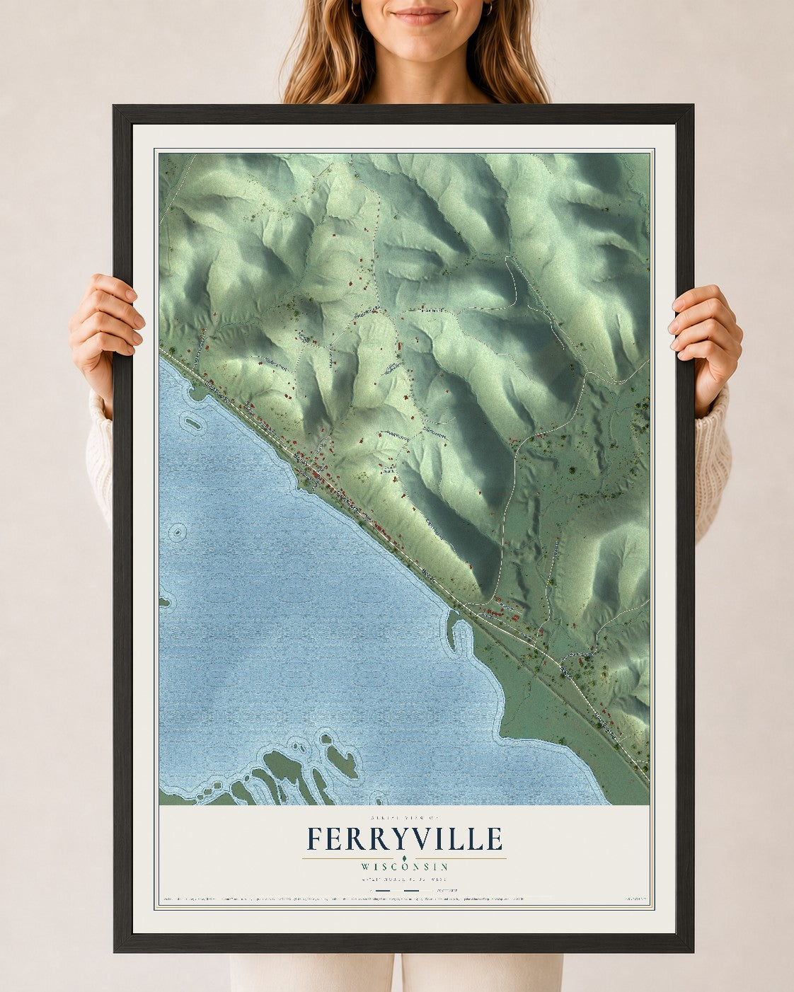Map of Ferryville, Wisconsin, 24 x 36 inch print in a black wood frame