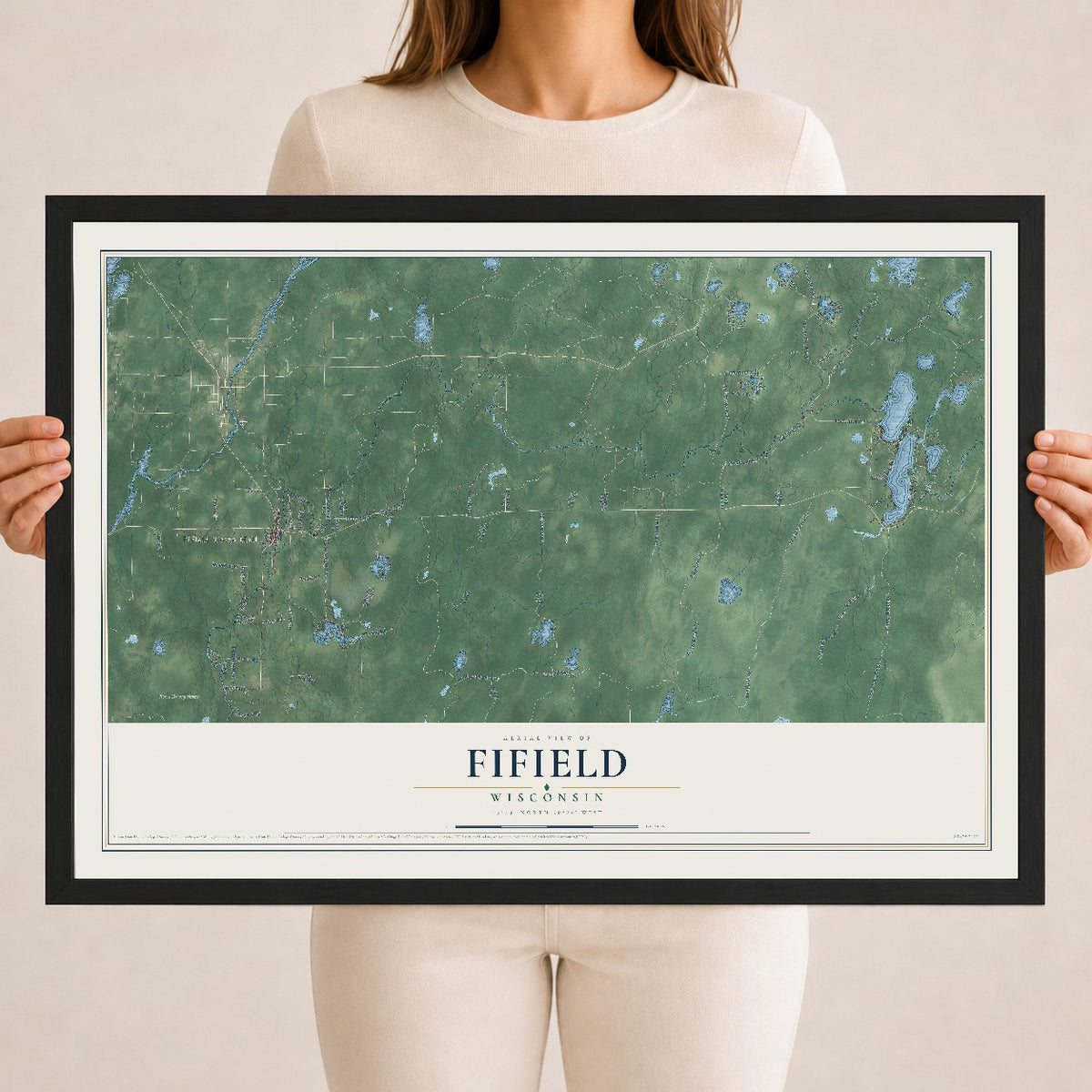 Map of Fifield, Wisconsin, 18 x 24 inch print in a black wood frame