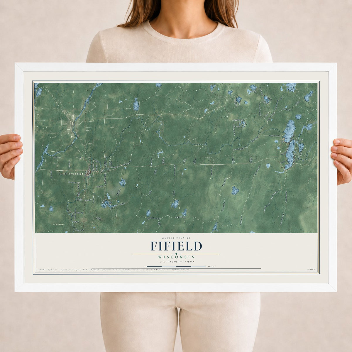 Map of Fifield, Wisconsin, 18 x 24 inch print in a white wood frame