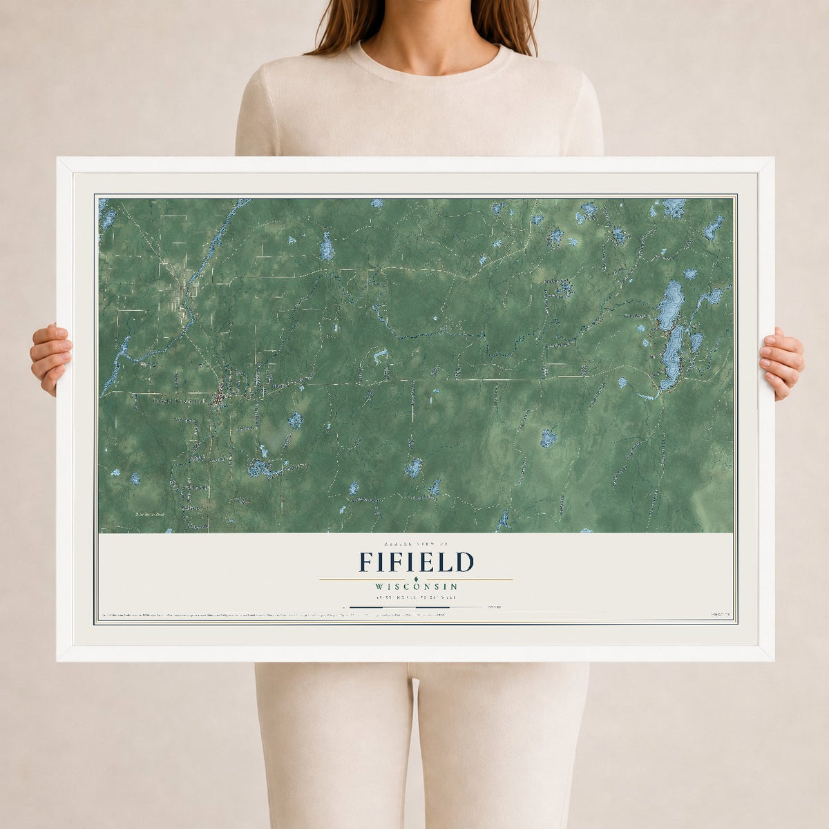 Map of Fifield, Wisconsin, 24 x 36 inch print in a white wood frame