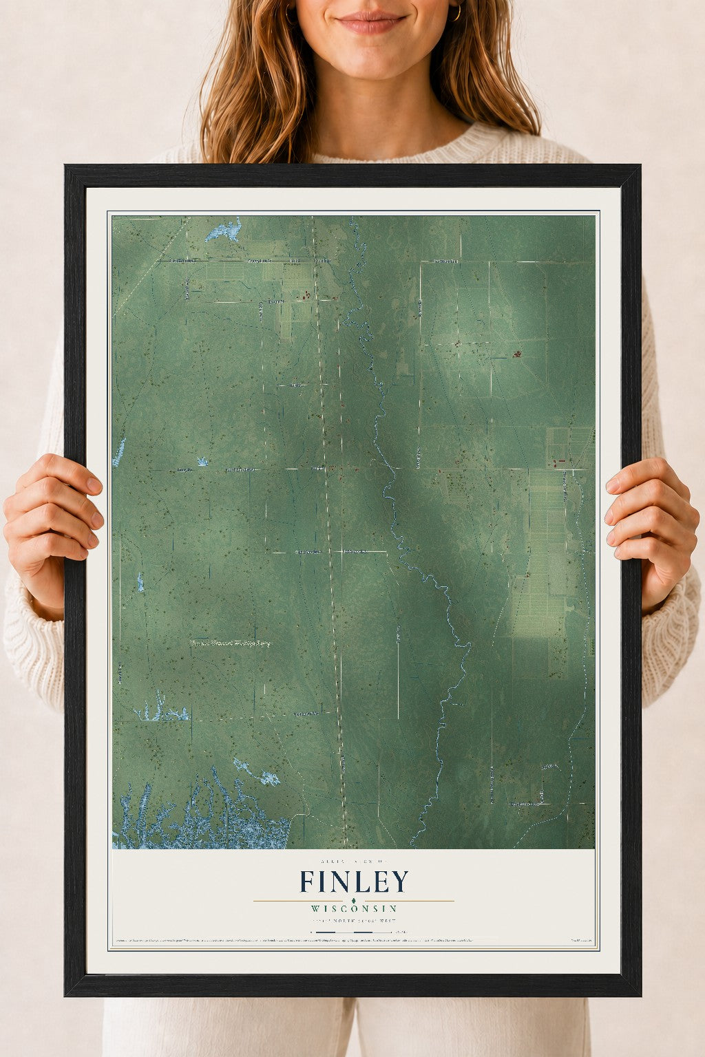 Map of Finley, Wisconsin, 18 x 24 inch print in a black wood frame