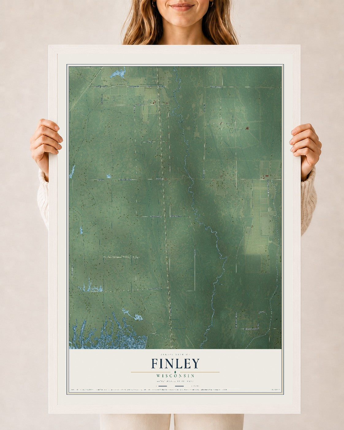 Map of Finley, Wisconsin, 24 x 36 inch print in a white wood frame