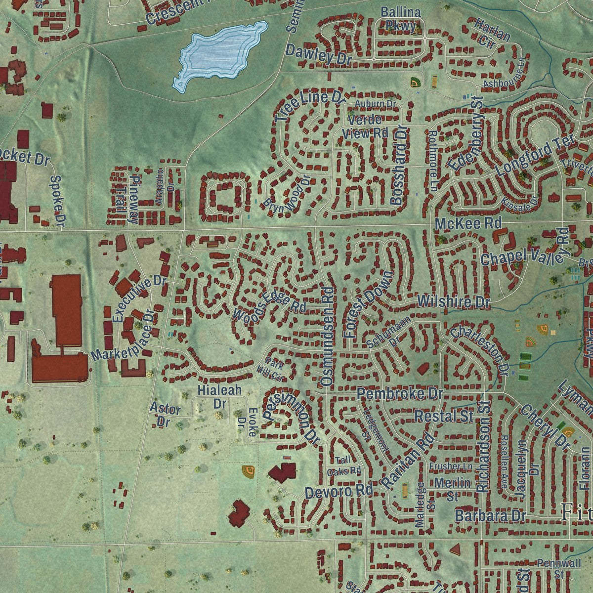 Close-up of the map of Fitchburg, Wisconsin print showing street and building detail