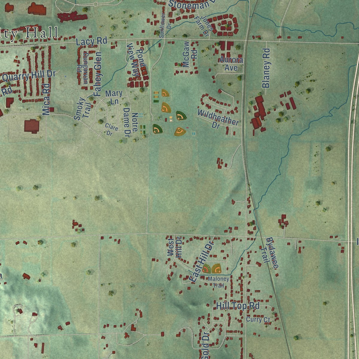 Second close-up of the map of Fitchburg, Wisconsin print showing more streets and buildings
