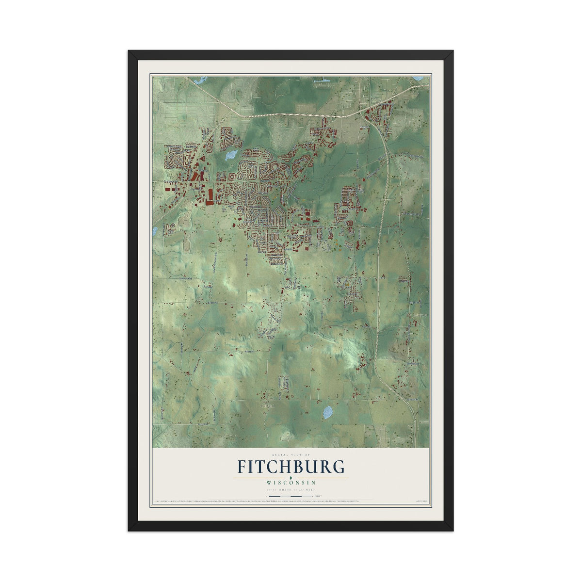 Map of Fitchburg, Wisconsin, 12 x 18 inch print in a black wood frame