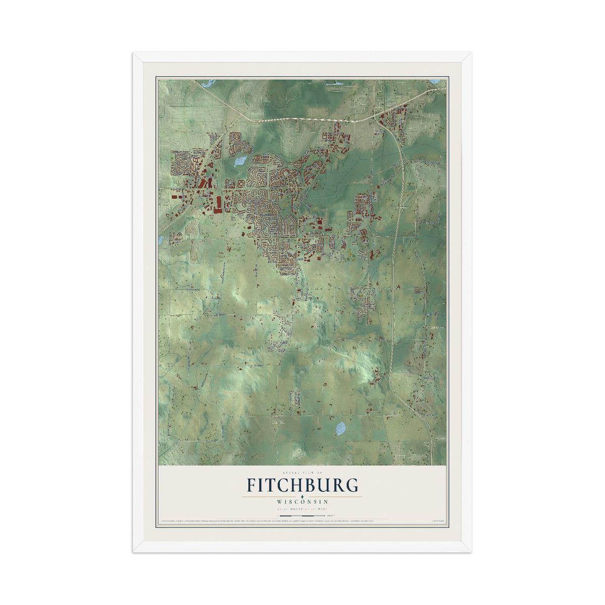 Map of Fitchburg, Wisconsin, 12 x 18 inch print in a white wood frame