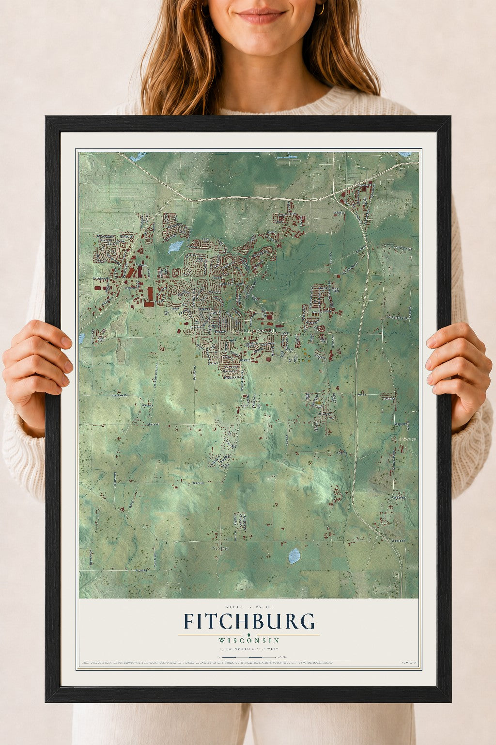 Map of Fitchburg, Wisconsin, 18 x 24 inch print in a black wood frame