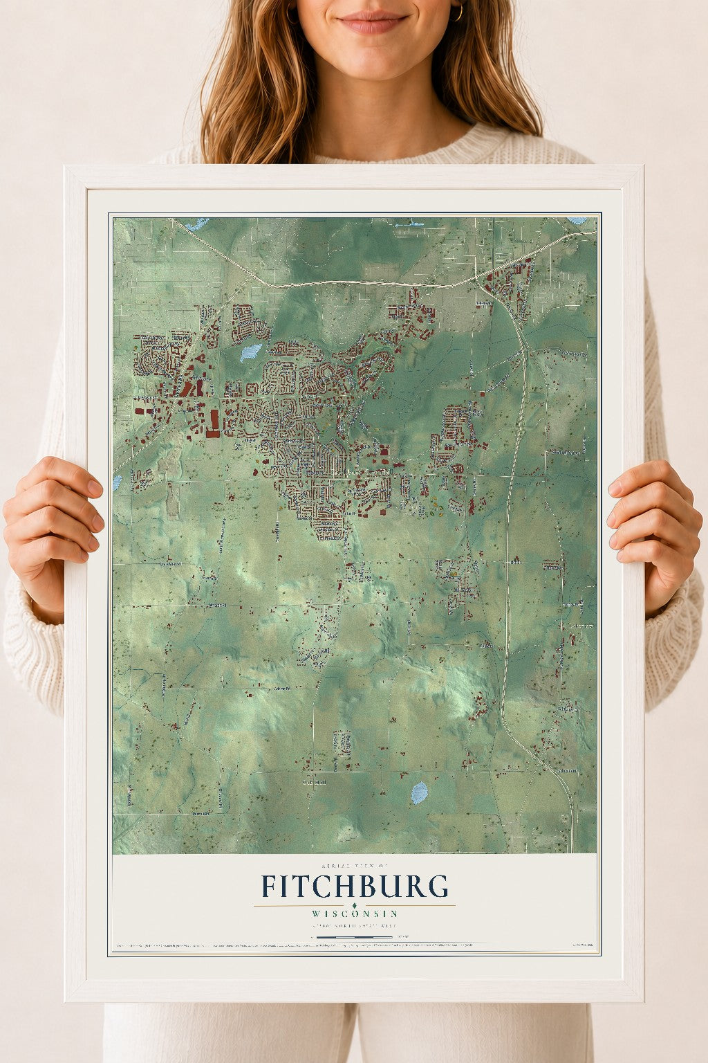 Map of Fitchburg, Wisconsin, 18 x 24 inch print in a white wood frame