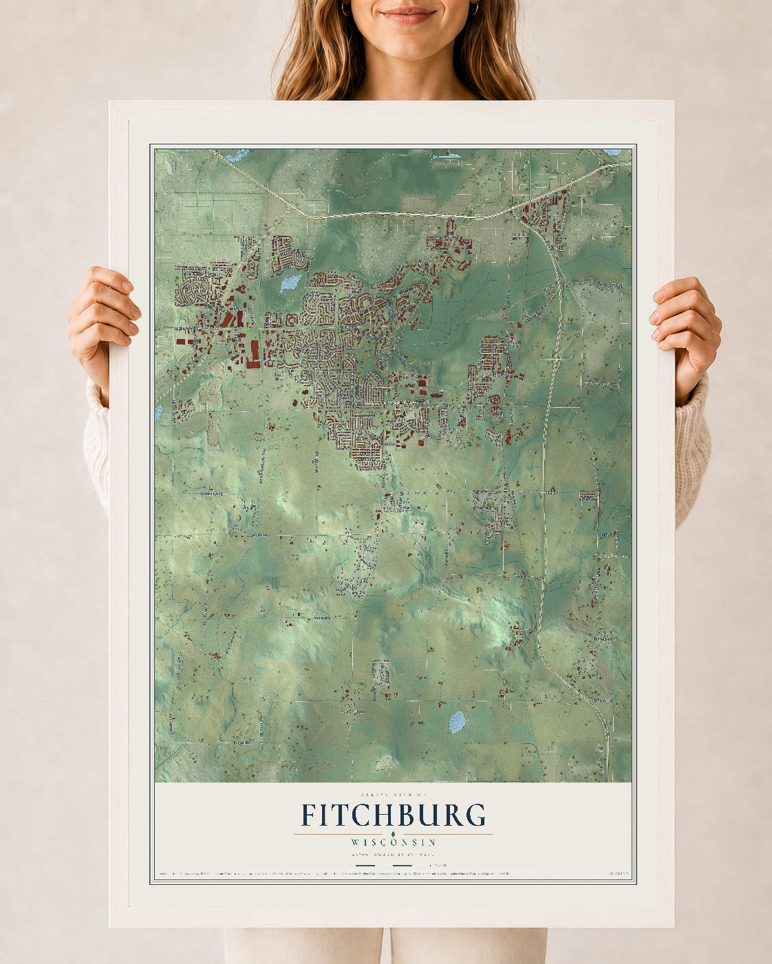 Map of Fitchburg, Wisconsin, 24 x 36 inch print in a white wood frame