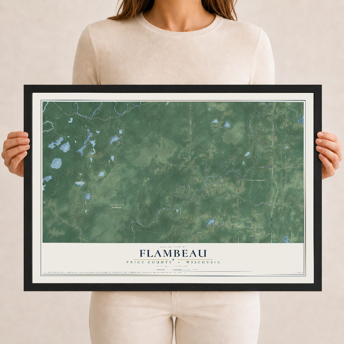 Map of Flambeau, Price County, Wisconsin, 12 x 18 inch print in a black wood frame