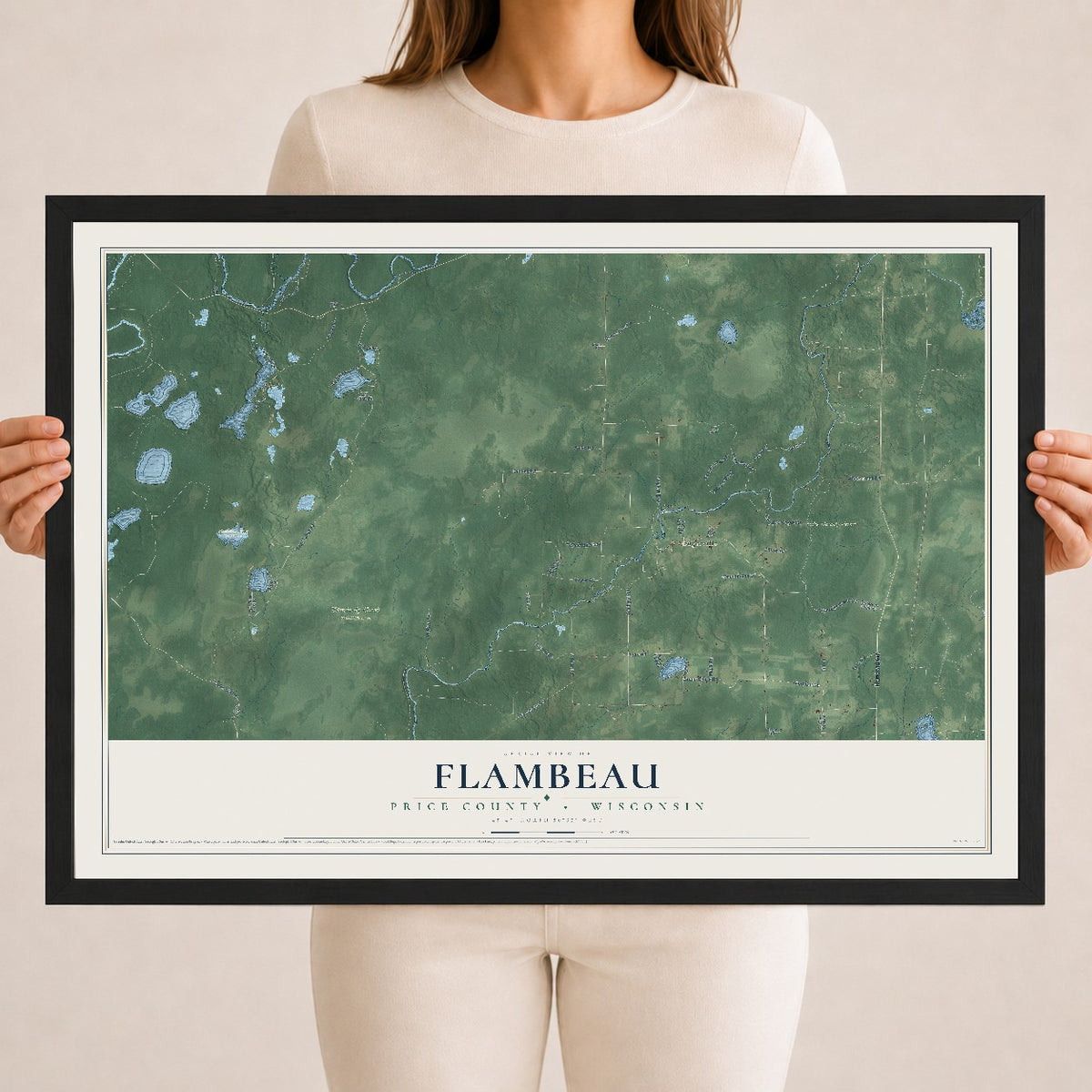 Map of Flambeau, Price County, Wisconsin, 18 x 24 inch print in a black wood frame