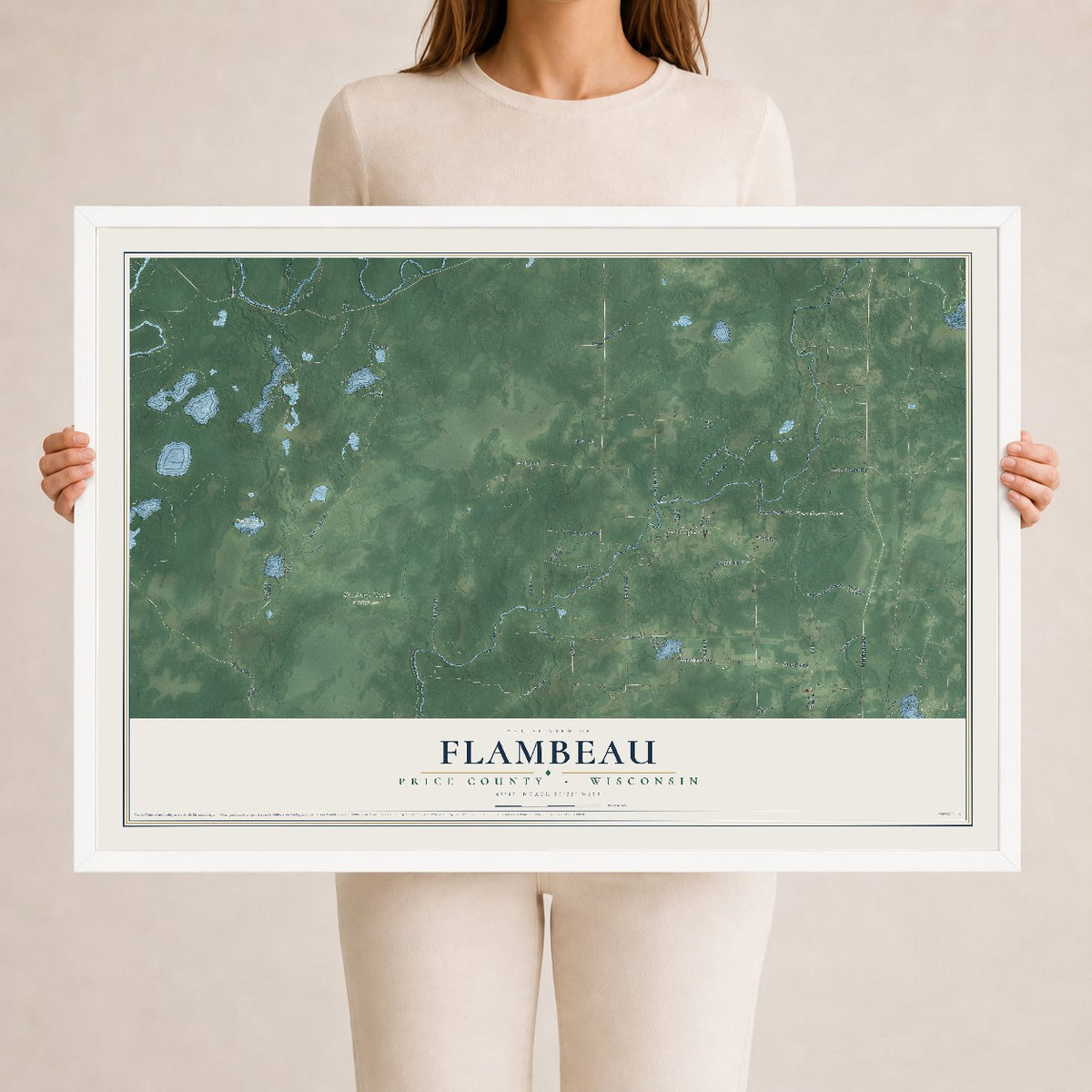 Map of Flambeau, Price County, Wisconsin, 24 x 36 inch print in a white wood frame