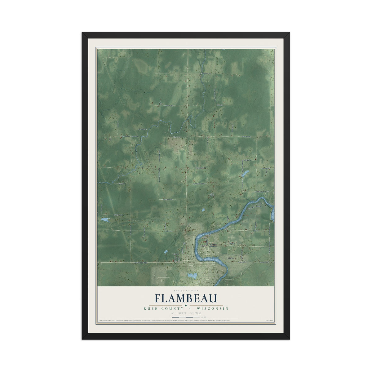 Map of Flambeau, Rusk County, Wisconsin, 12 x 18 inch print in a black wood frame