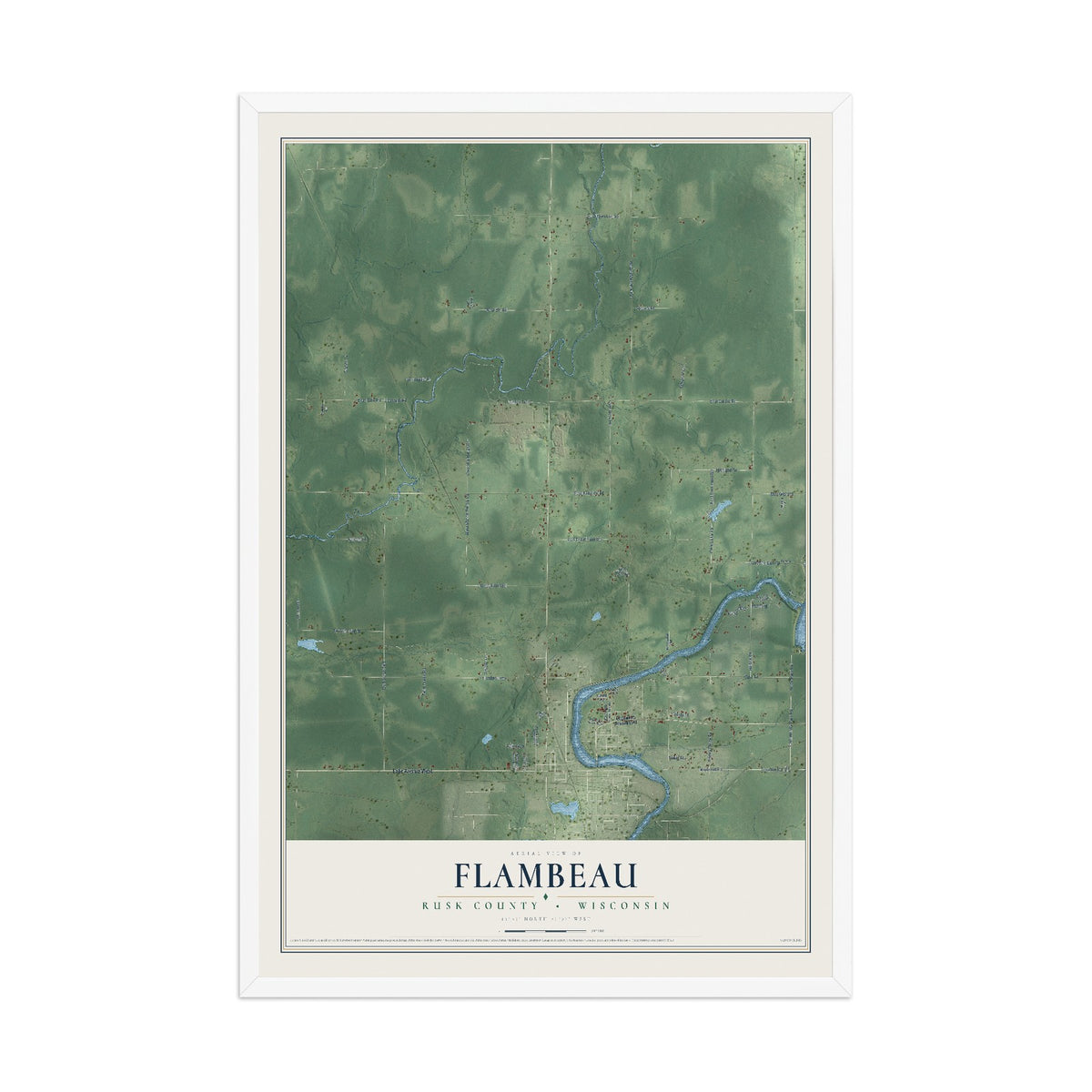 Map of Flambeau, Rusk County, Wisconsin, 12 x 18 inch print in a white wood frame