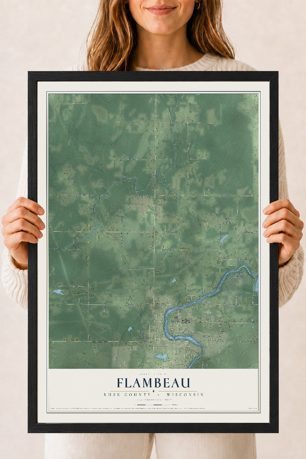 Map of Flambeau, Rusk County, Wisconsin, 18 x 24 inch print in a black wood frame