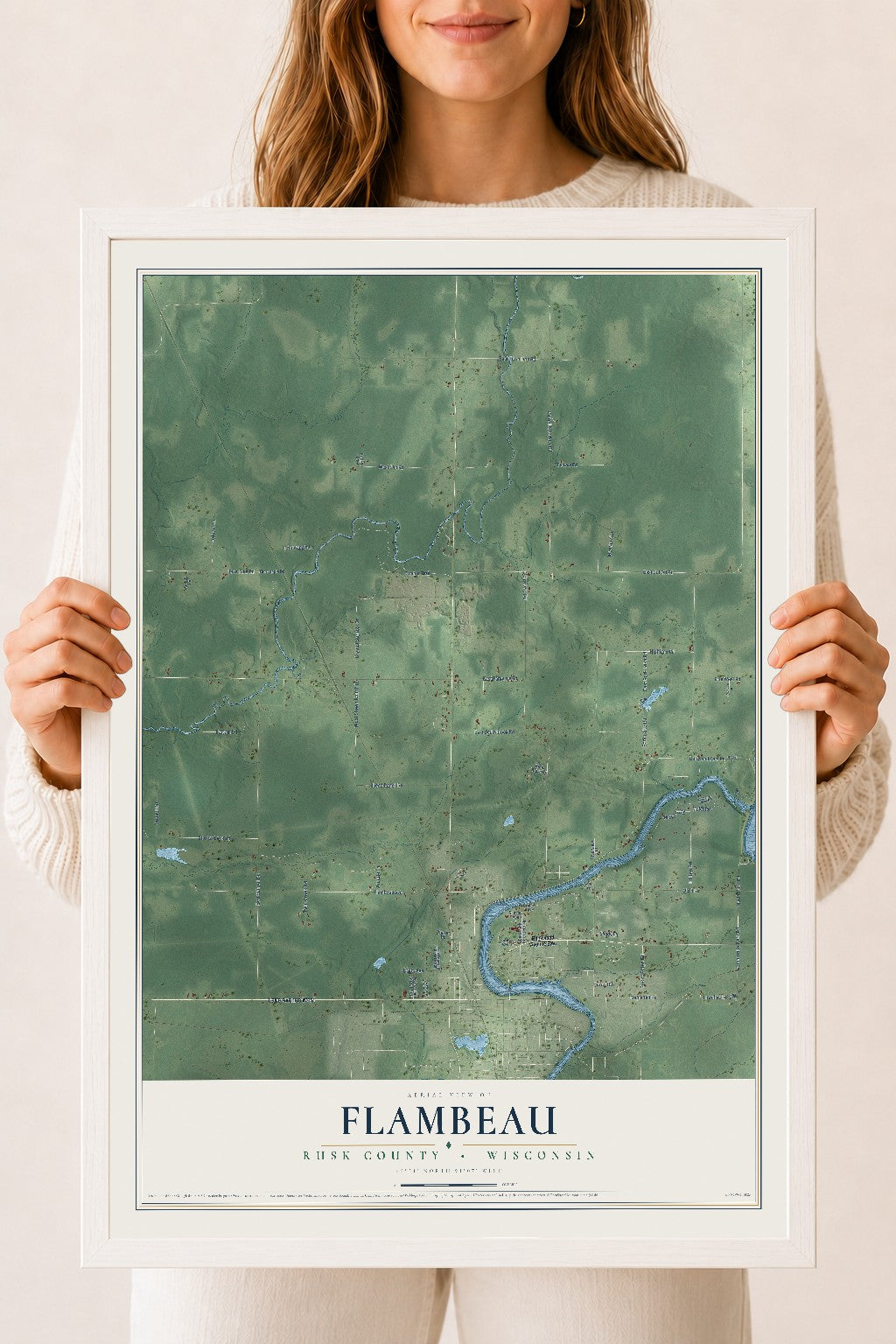 Map of Flambeau, Rusk County, Wisconsin, 18 x 24 inch print in a white wood frame