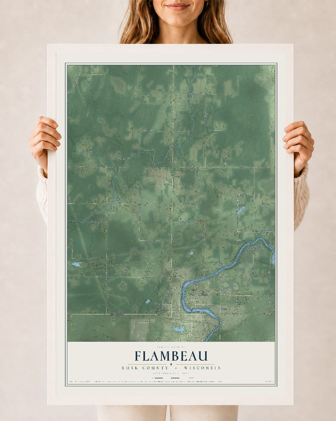 Map of Flambeau, Rusk County, Wisconsin, 24 x 36 inch print in a white wood frame