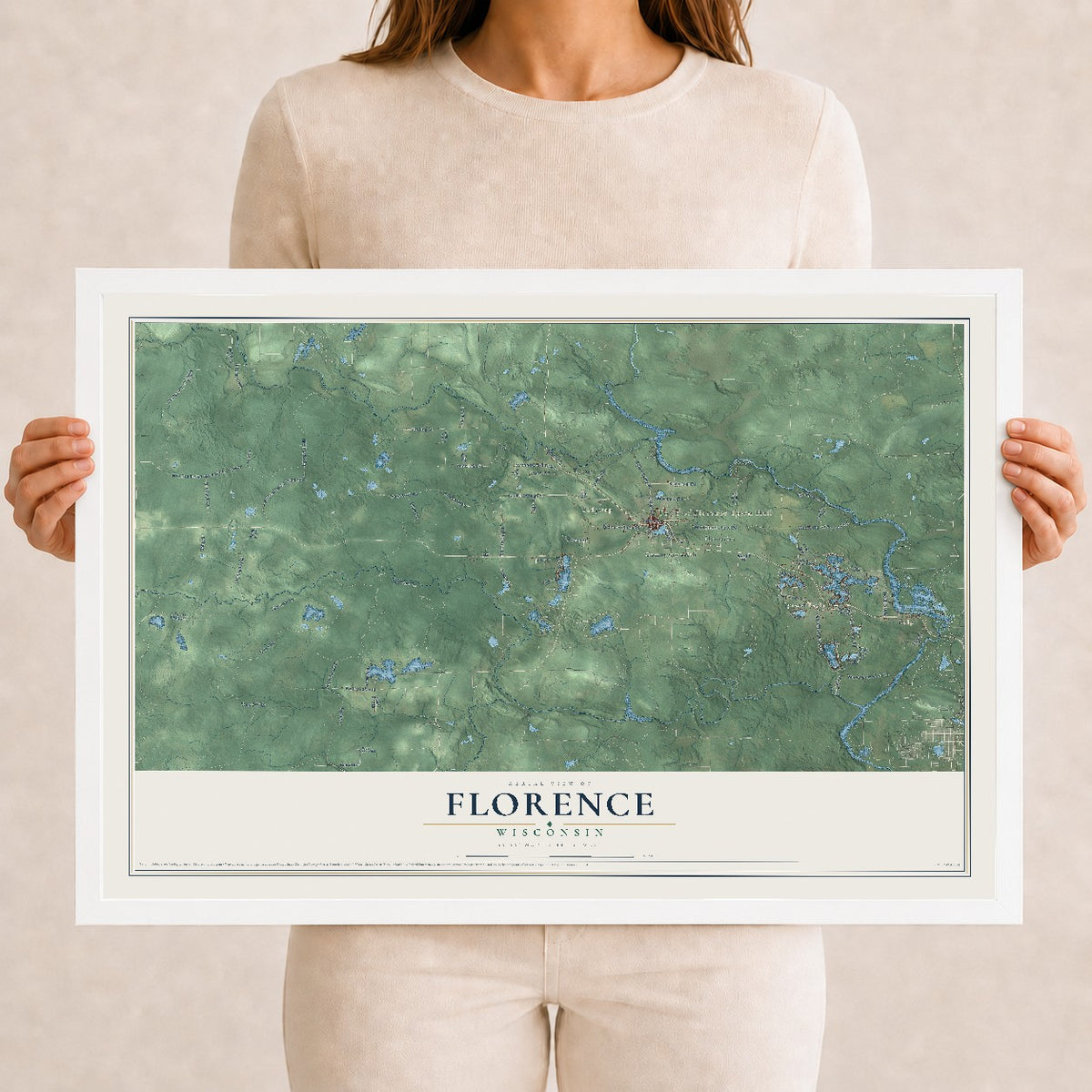 Map of Florence, Wisconsin, 12 x 18 inch print in a white wood frame