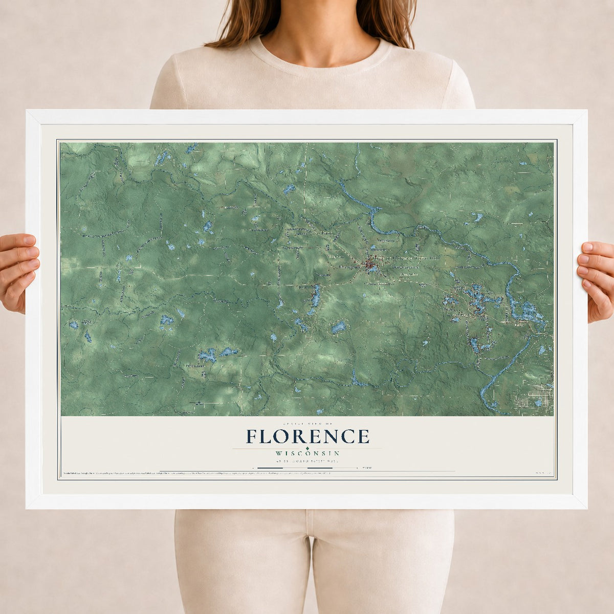 Map of Florence, Wisconsin, 18 x 24 inch print in a white wood frame
