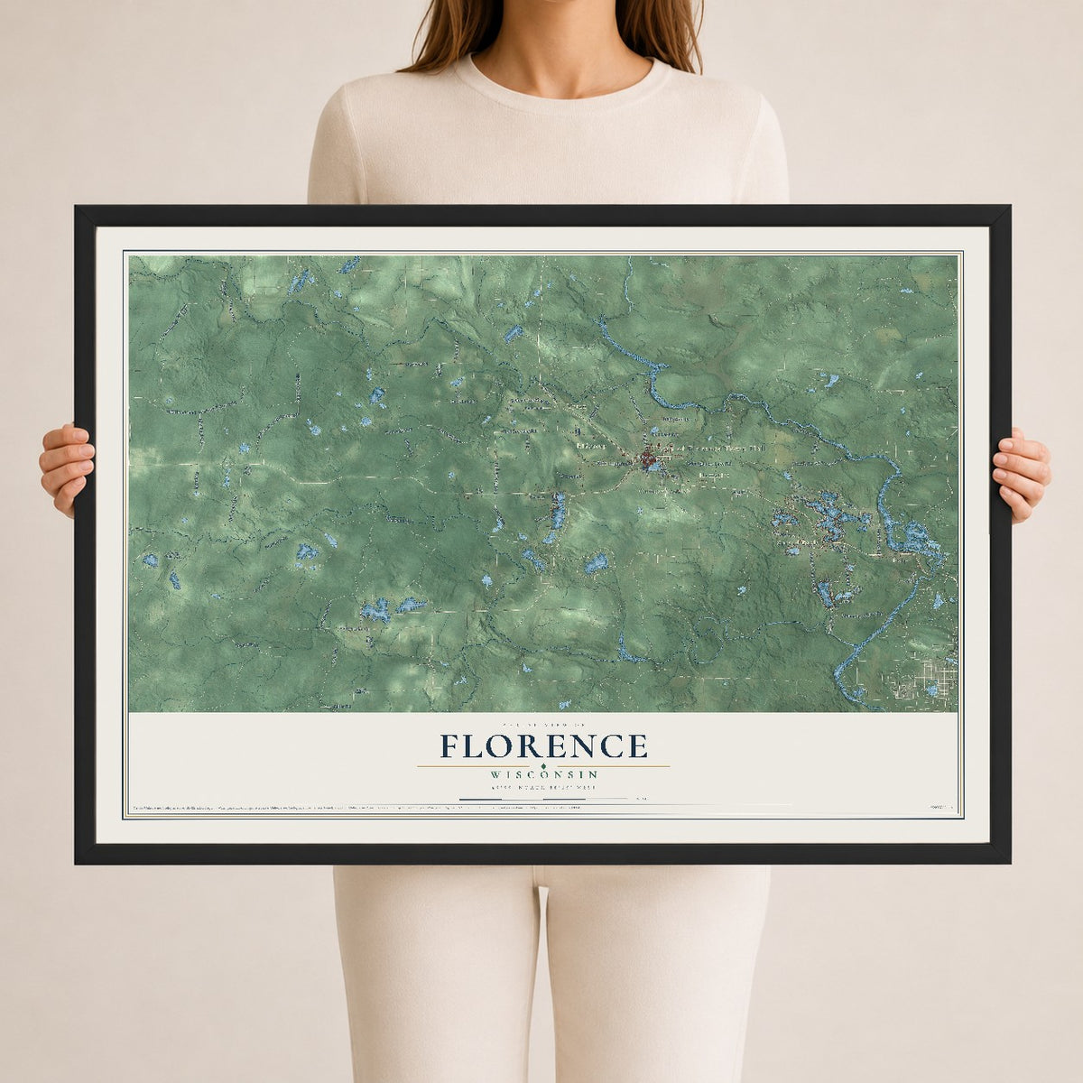 Map of Florence, Wisconsin, 24 x 36 inch print in a black wood frame