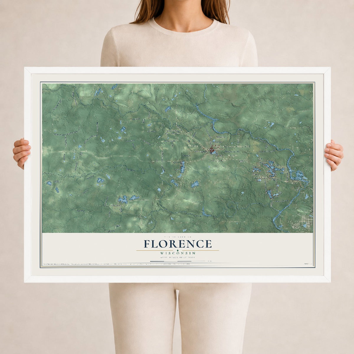 Map of Florence, Wisconsin, 24 x 36 inch print in a white wood frame