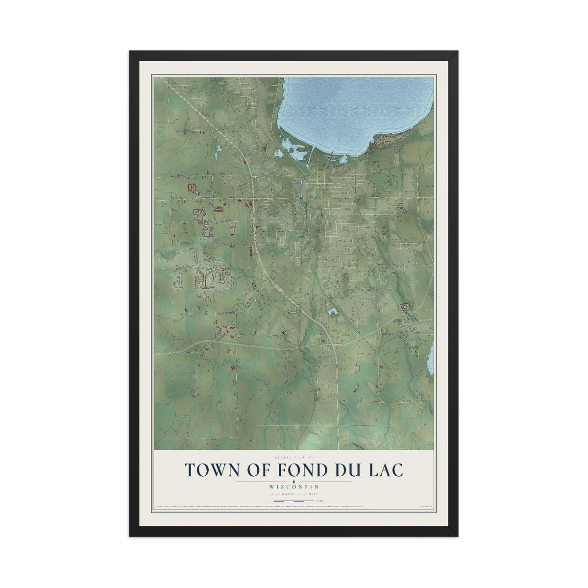 Map of the Town of Fond du Lac, Wisconsin, 12 x 18 inch print in a black wood frame