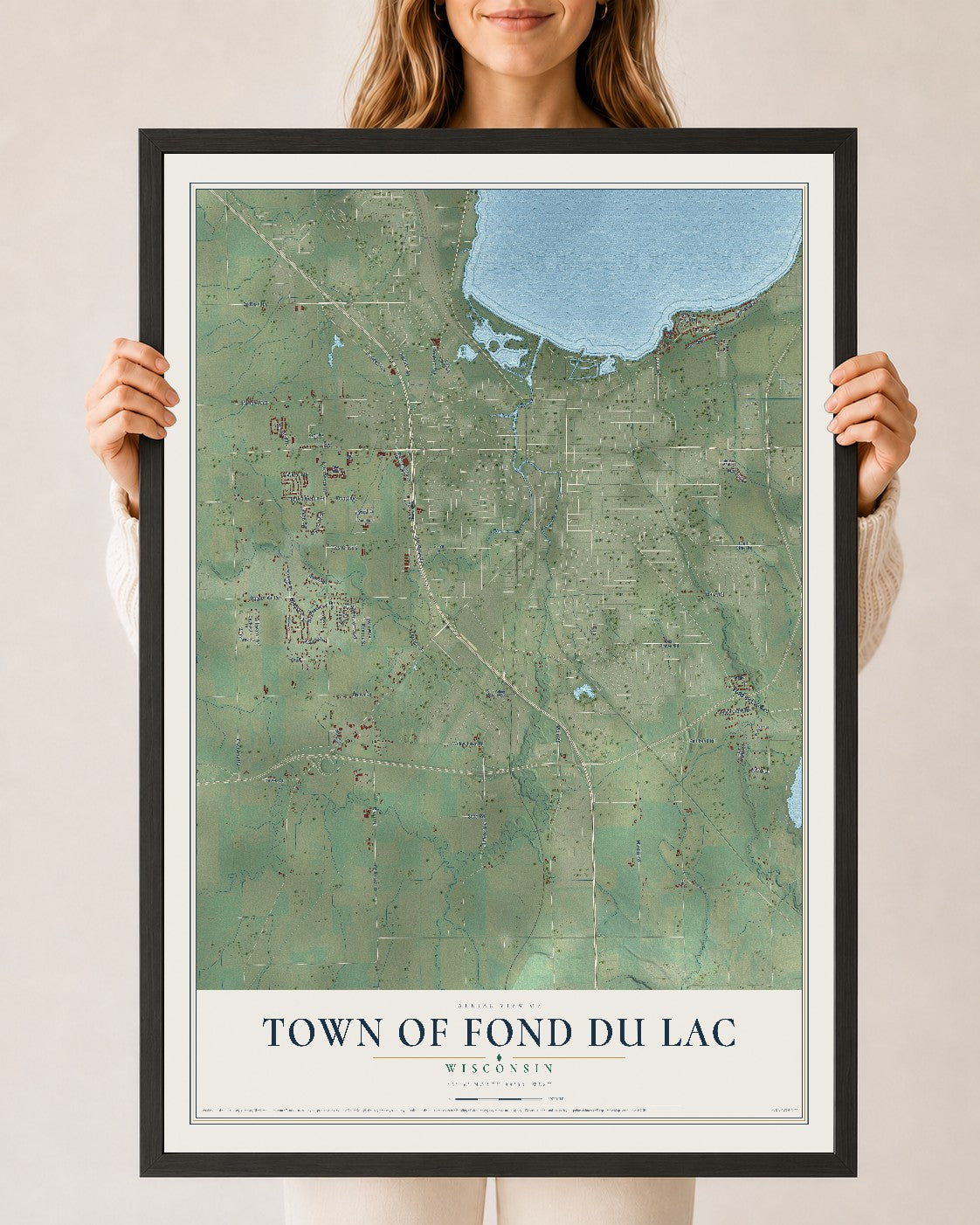 Map of the Town of Fond du Lac, Wisconsin, 24 x 36 inch print in a black wood frame