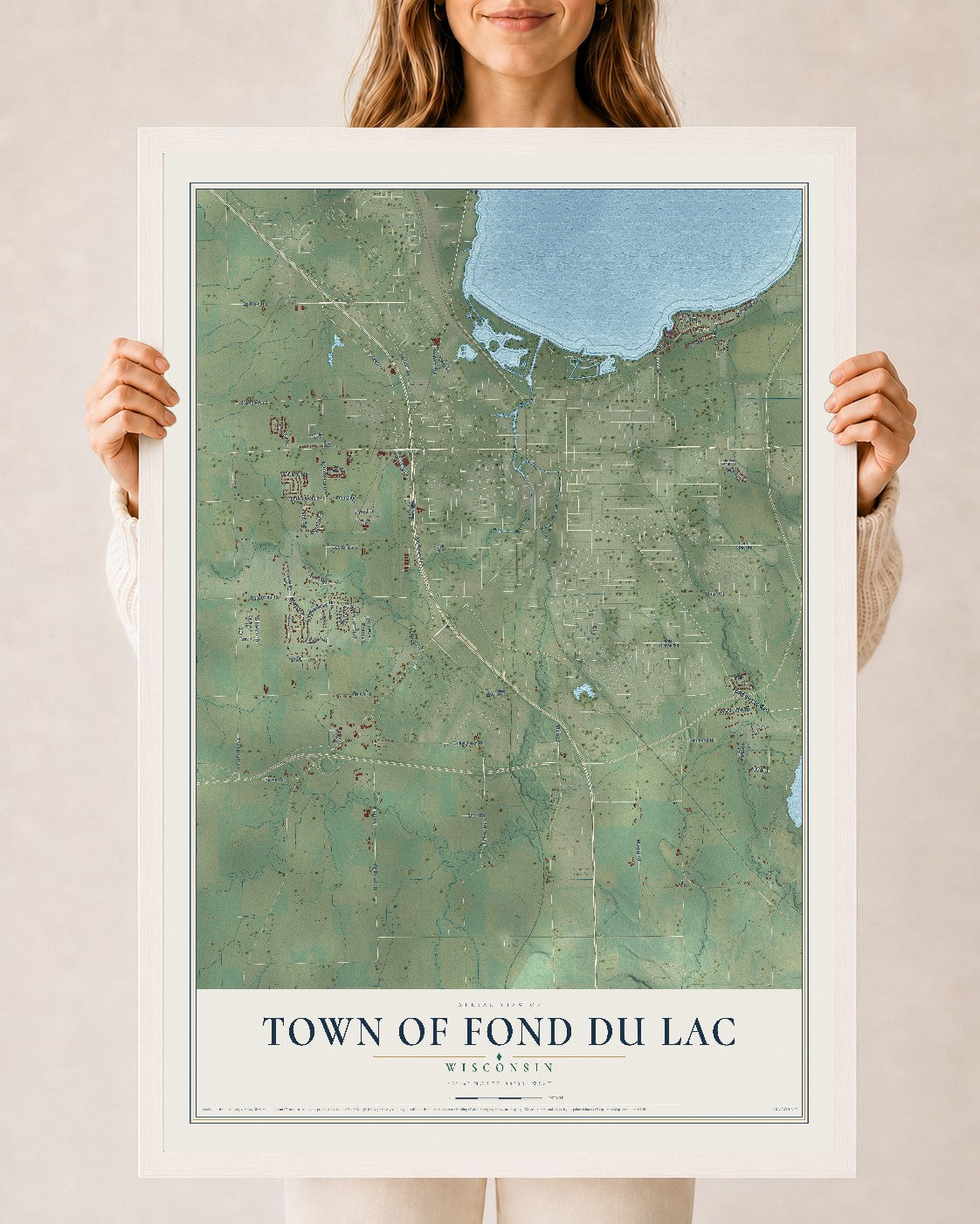 Map of the Town of Fond du Lac, Wisconsin, 24 x 36 inch print in a white wood frame