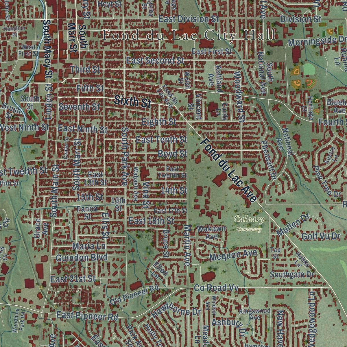 Close-up of the map of Fond du Lac, Wisconsin print showing street and building detail